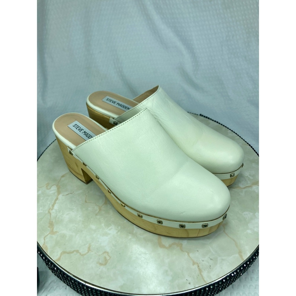 Steve Madden Brooklyn-1 Leather Platform Clog Mules Women 9.5 Cream Chunky Heel